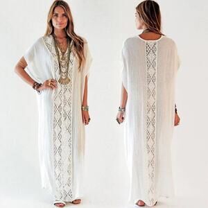 Bohemian Lace-Panel White Swim Coverup Kaftan